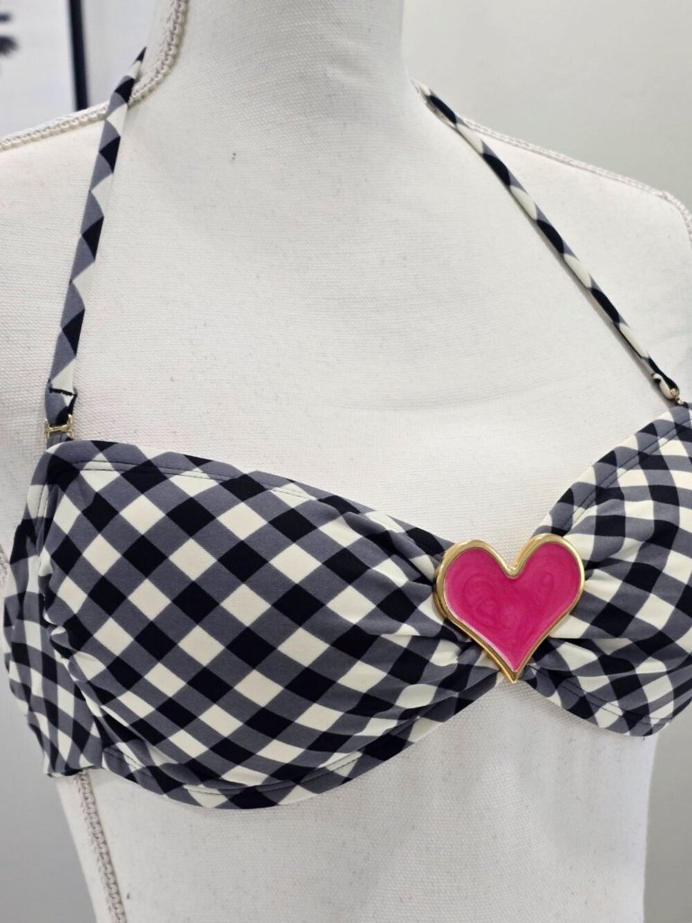 Sofia by ViX Gingham Halter Bikini Top Black White Check Pink Heart Accent M - Picture 5 of 9